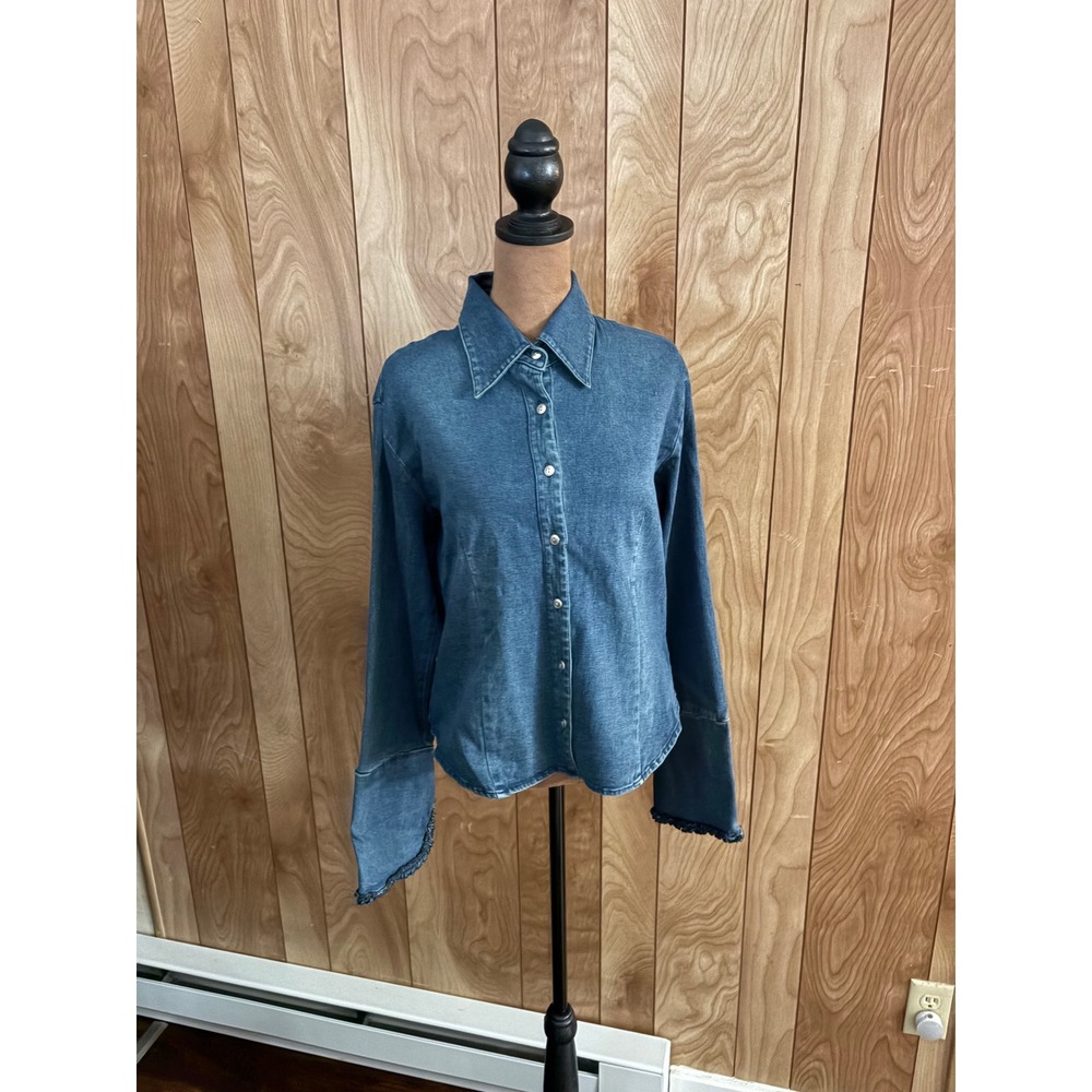 DStudio Womens Medium Wash Denim Button Down‎ Shirt Flared Fringe Cuff Size L